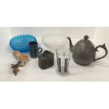 Plated teapot, Beswick owl and Beswick chaffinch,