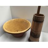 Stone glazed pancheon and a wood butter churn