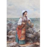 Philip Richard Moon, a girl with violin looking out to sea, water colour,