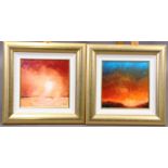 F Dennelly, A pair of sunset studies, oil on board, signed,