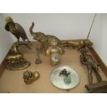 Tray including brass animal ornaments, Chinese hardstone bonsai ornament,