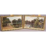 W Rushton, a reeded lake landscape and a river landscape, oil on canvas, signed,