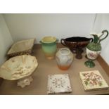 Tray of ceramics including 1930's Crown Devon vase, pottery ewer,