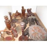 Tray including African and Eastern carved wood masks and figures,