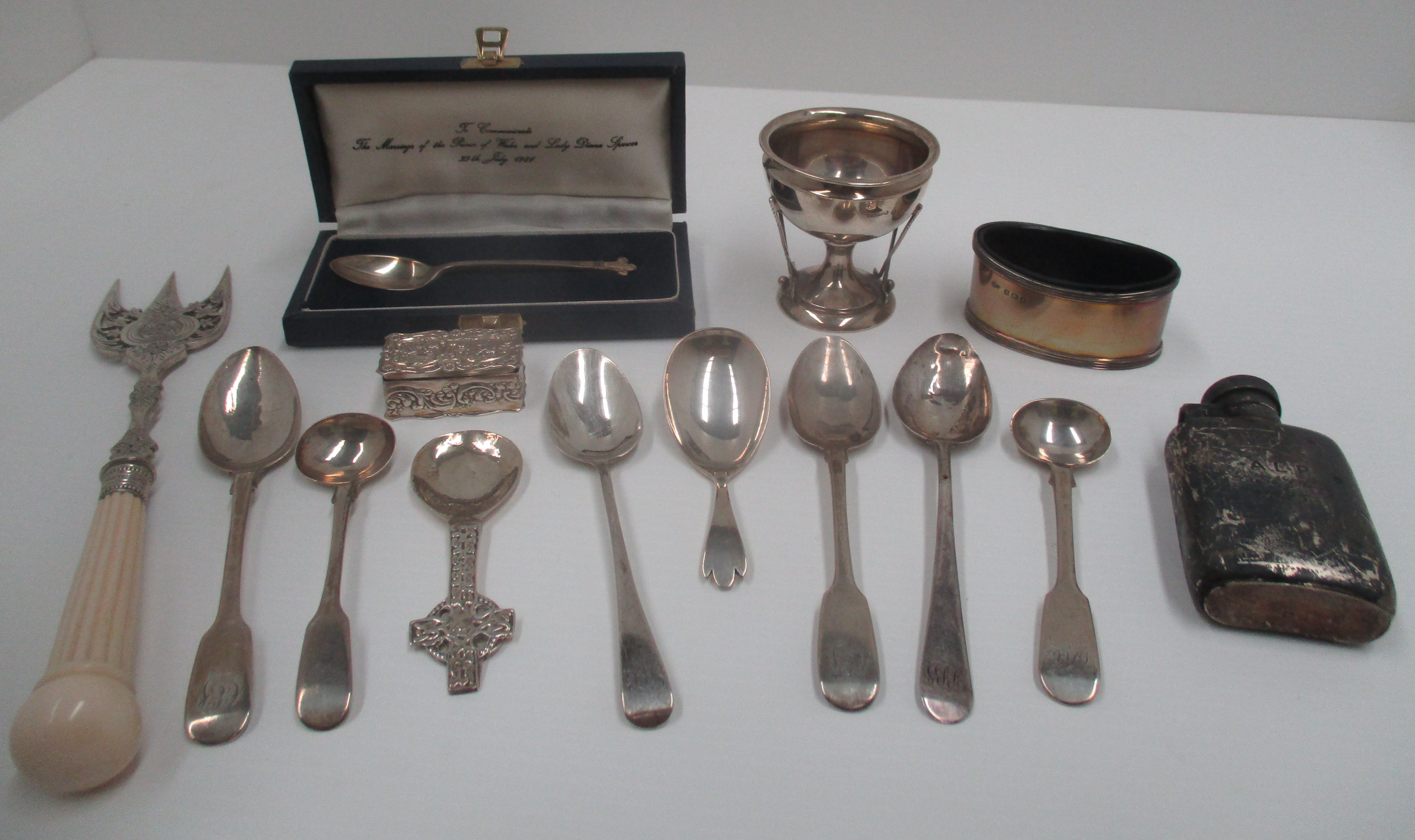 A silver golf trophy, pocket flask, spoons etc. [a lot] [total approximate weight 9.7oz].