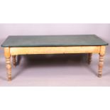 A large pine farmhouse table with drawers either end top covered with green vinyl 200 x 86cm