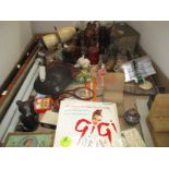 Tray including assorted ornamental items, magnifying glasses, boxed dominoes,