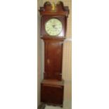 An oak longcase clock with scroll pediment, the trunk with quarter pillars on a moulded panel base,