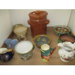 Tray of ceramics including Gouda pottery bowl, Victorian transfer printed jug, Denby Jardiniere,