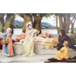 A Regency family on a terrace with lake and trees beyond,