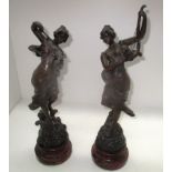 A pair of French cast spelter musician figures 'Symphonie' and 'Melodie' on turned wood base 41cm x