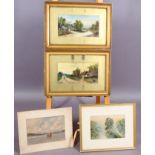 W Ross, cottages by a country lane, water colour, one signed,