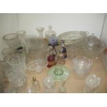 Tray of cut and moulded glassware including vases, bowls,