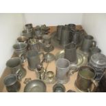 Tray of assorted pewter and plated wares, including pap boat, tankards, charger,