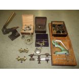 Contents to box - quantity of assorted watchmakers tools including glass fitting tool,