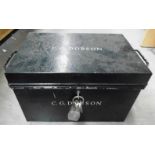 A black metal deed box with 2 handles and keys