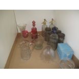 Tray of cut crystal and glassware, including ruby flashed decanter and stem glasses, vase,