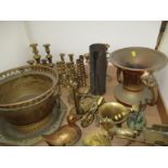 Tray of brassware, including mortar and pestle, candlesticks, shell case,