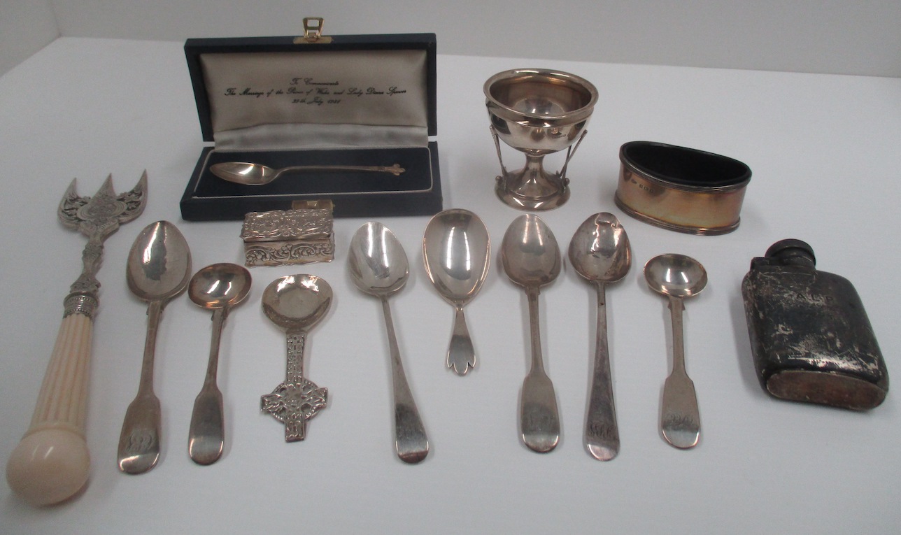 A silver golf trophy, pocket flask, spoons etc. [a lot] [total approximate weight 9.7oz]. - Image 2 of 2