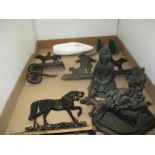 Tray including cast iron door stops and hearth ornaments, two Indian bronze figures,