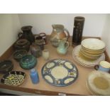 Tray of studio pottery including small slipware dish and other ceramic items