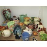 Tray comprising novelty teapots, Crown Devon Fieldings, John Peel musical mug, Sylvac pottery,