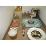 Tray including stoneware flagons, Goebel Hummel pottery figure,