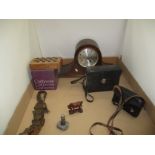 Tray, including oak cased Westminster chime mantel clock, binoculars, camera, taxidermy crocodile,