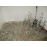 Tray of glassware including Babycham glasses, decanters,