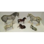 A shire horse and foal by John Beswick in grey gloss and four others, various makers.