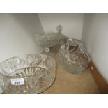 Four items cut and moulded glassware comprising circular bowl, fruit basket,