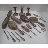 Dressing table brushes with silver backs, dwarf candlesticks, manicure tools, etc. [a lot].