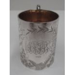 A Victorian silver cylindrical mug with fern and floral etched decoration, Sheffield 1893, 8 cm.