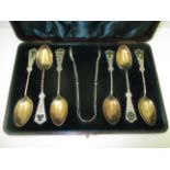 A set of six Victorian silver coffee spoons and tongs,