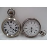 A Swiss movement railway pocket watch the nickel case stamped LMS 1891 and another,