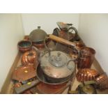 Tray of copper and other metalware including moulds, kettle, trays,