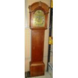 An oak long-case clock with arched hood,