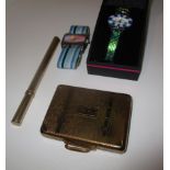 A powder compact modelled as a suitcase, a Colibri pen case lighter and two fashion watches [4].