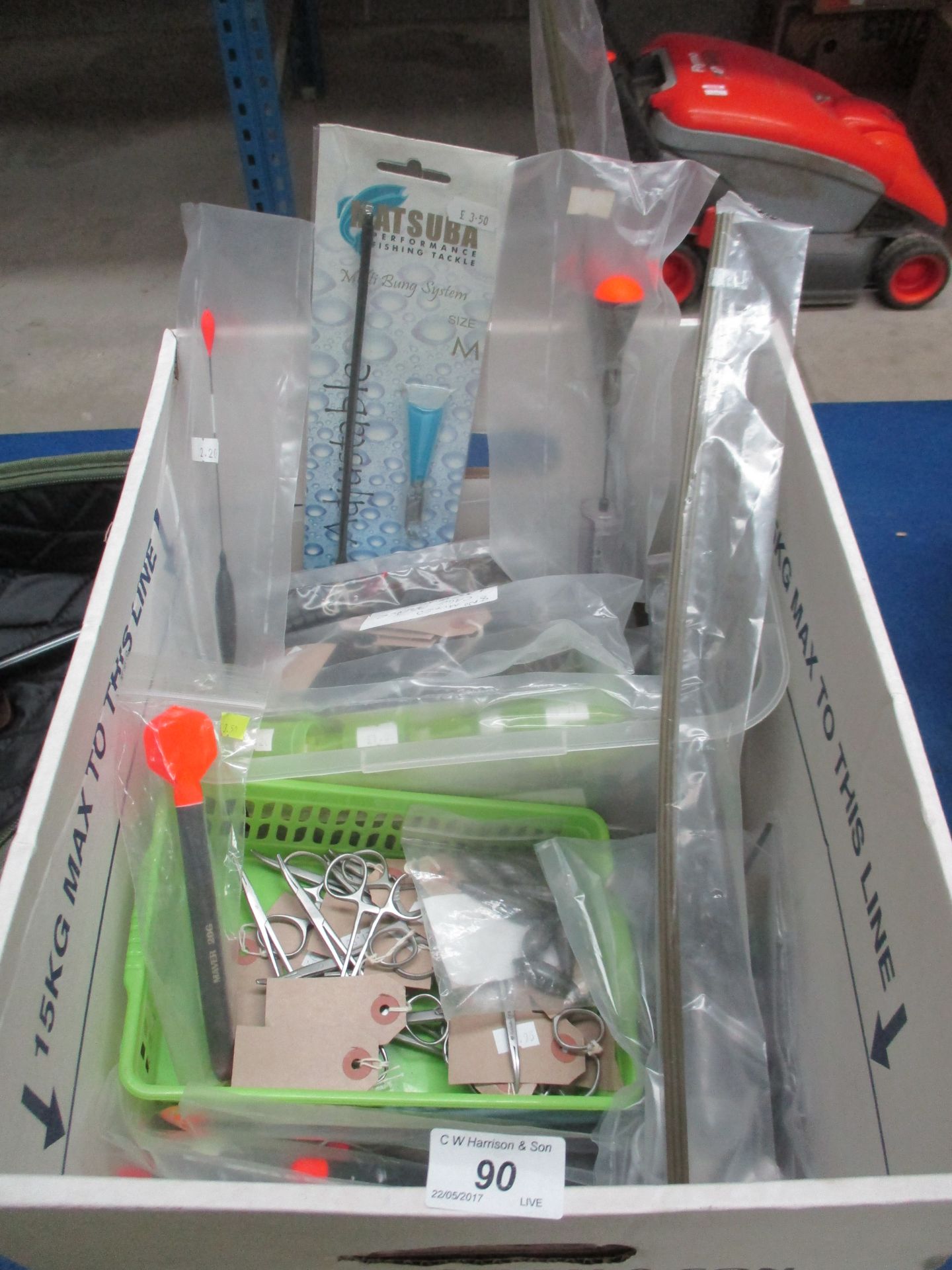 Contents to box - qty of assorted fishing items - floats, feeders,