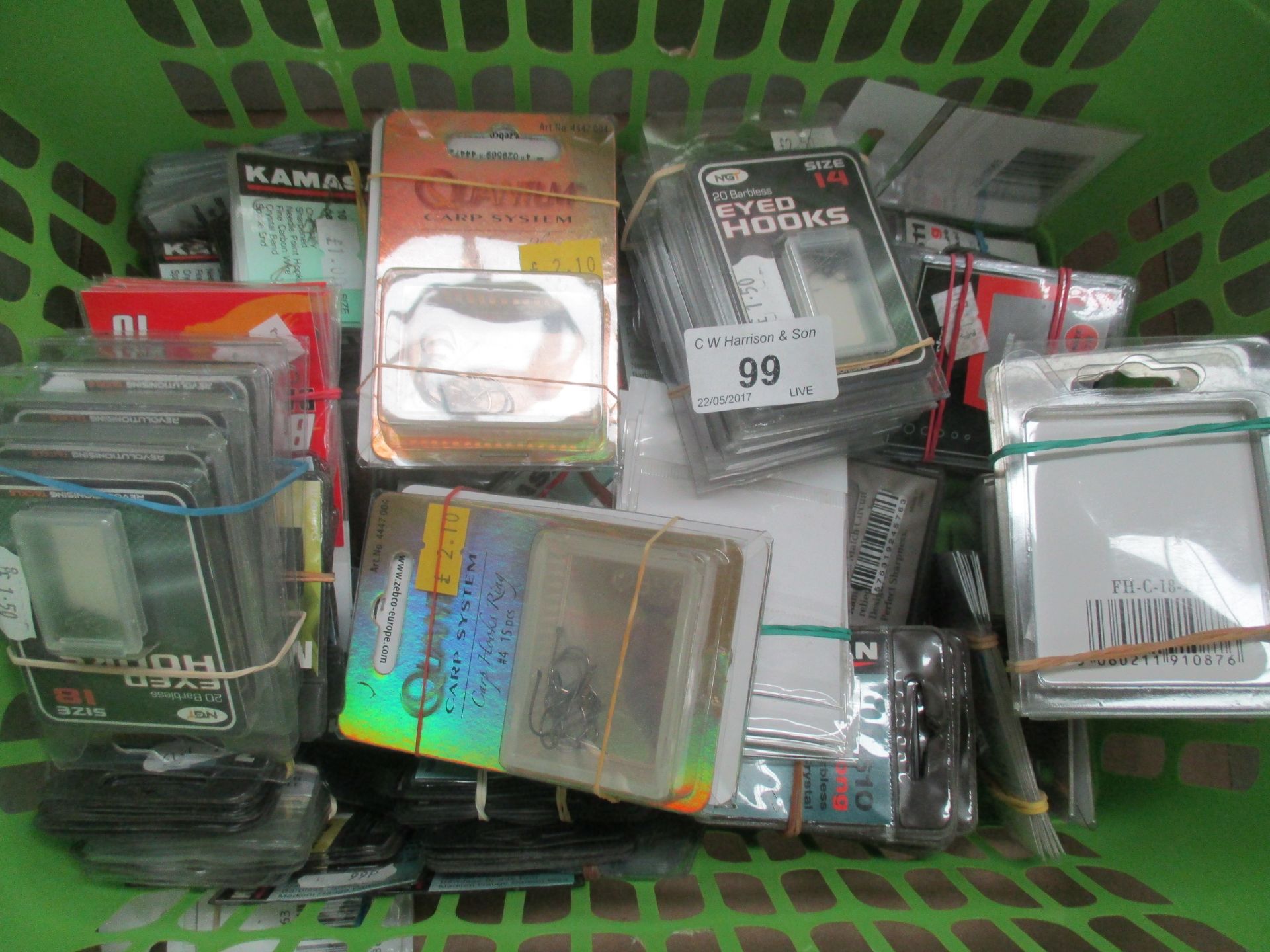 Contents to box quantity of assorted packs of fishing hooks by Kamasan etc (approx retail value