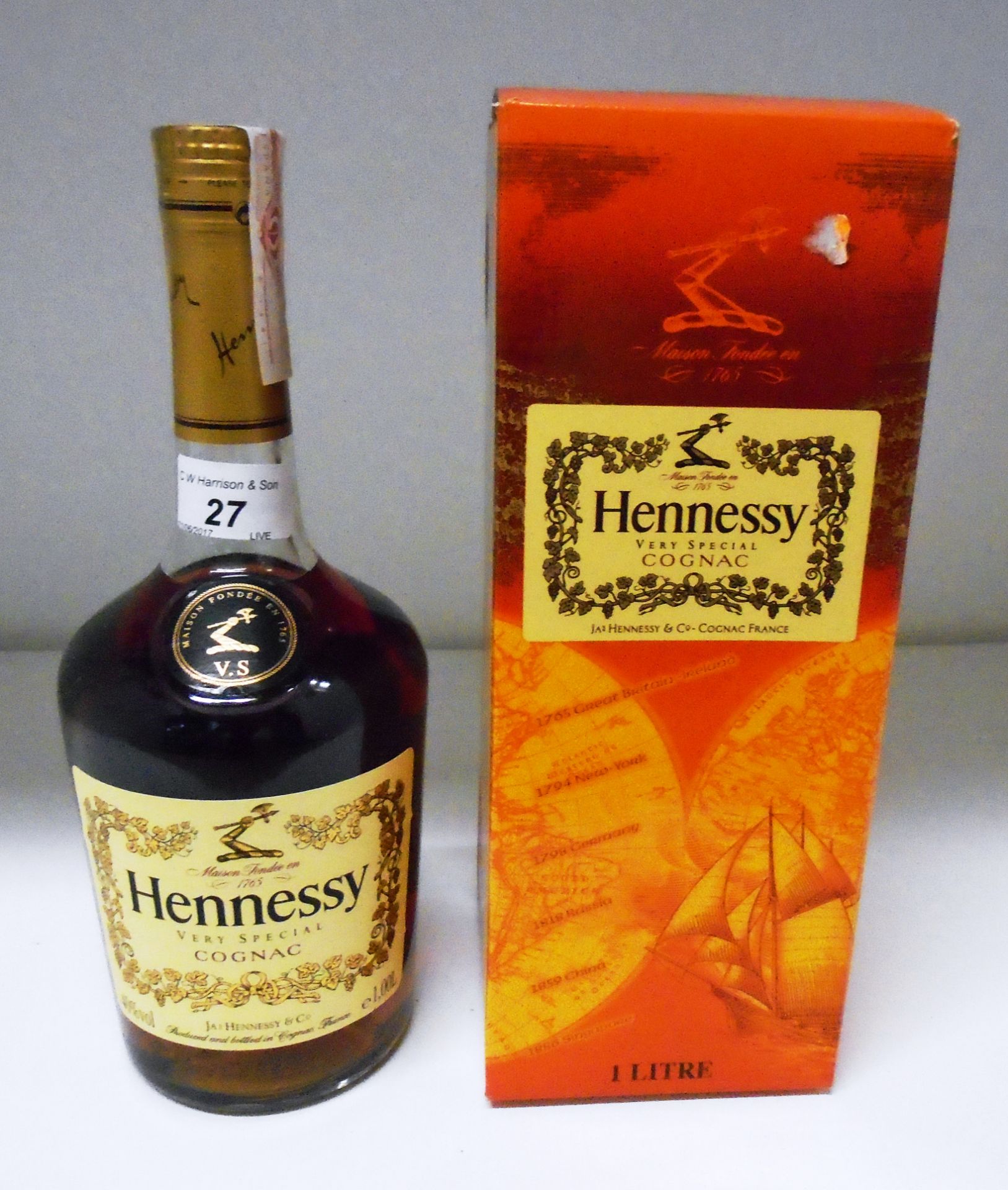 A one litre bottle of Hennessey Very Special Cognac in presentation box