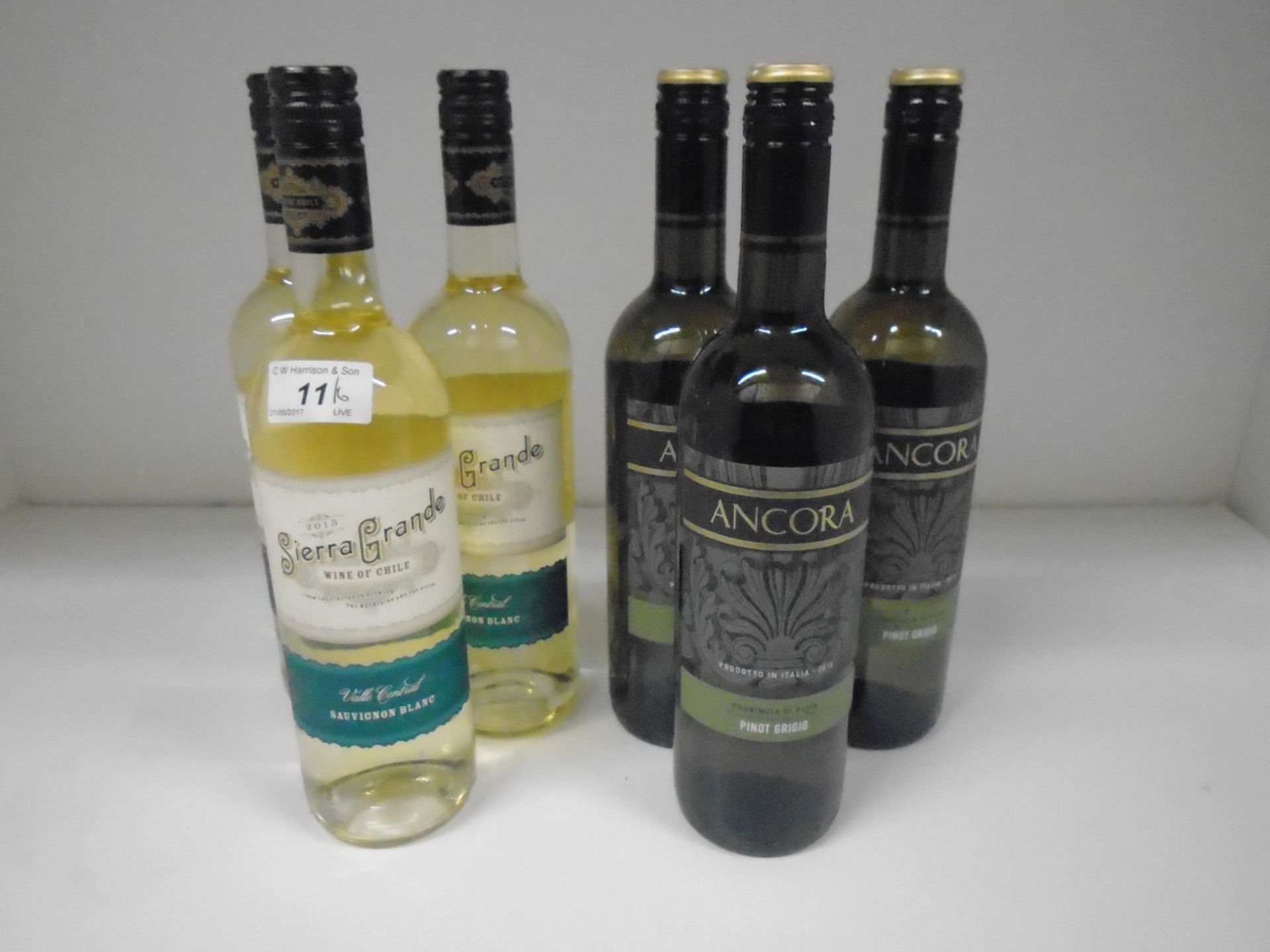 3 x 75cl bottles of Ancora Italian Pinot Grigio and 3 x bottles of Chilean Sierra Grande 2015