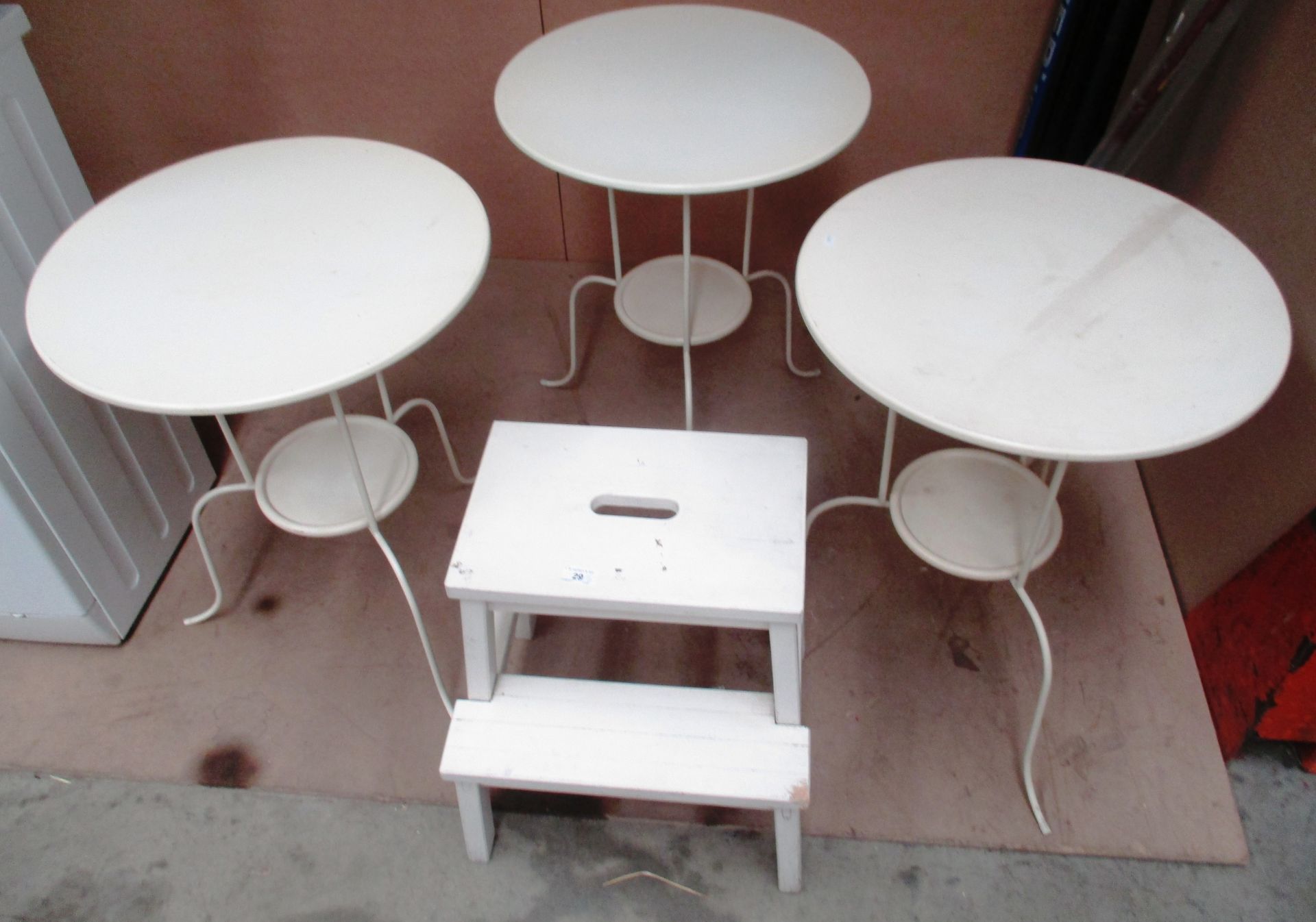 4 x items - 3 x cream metal circular side tables and cream painted wooden steps