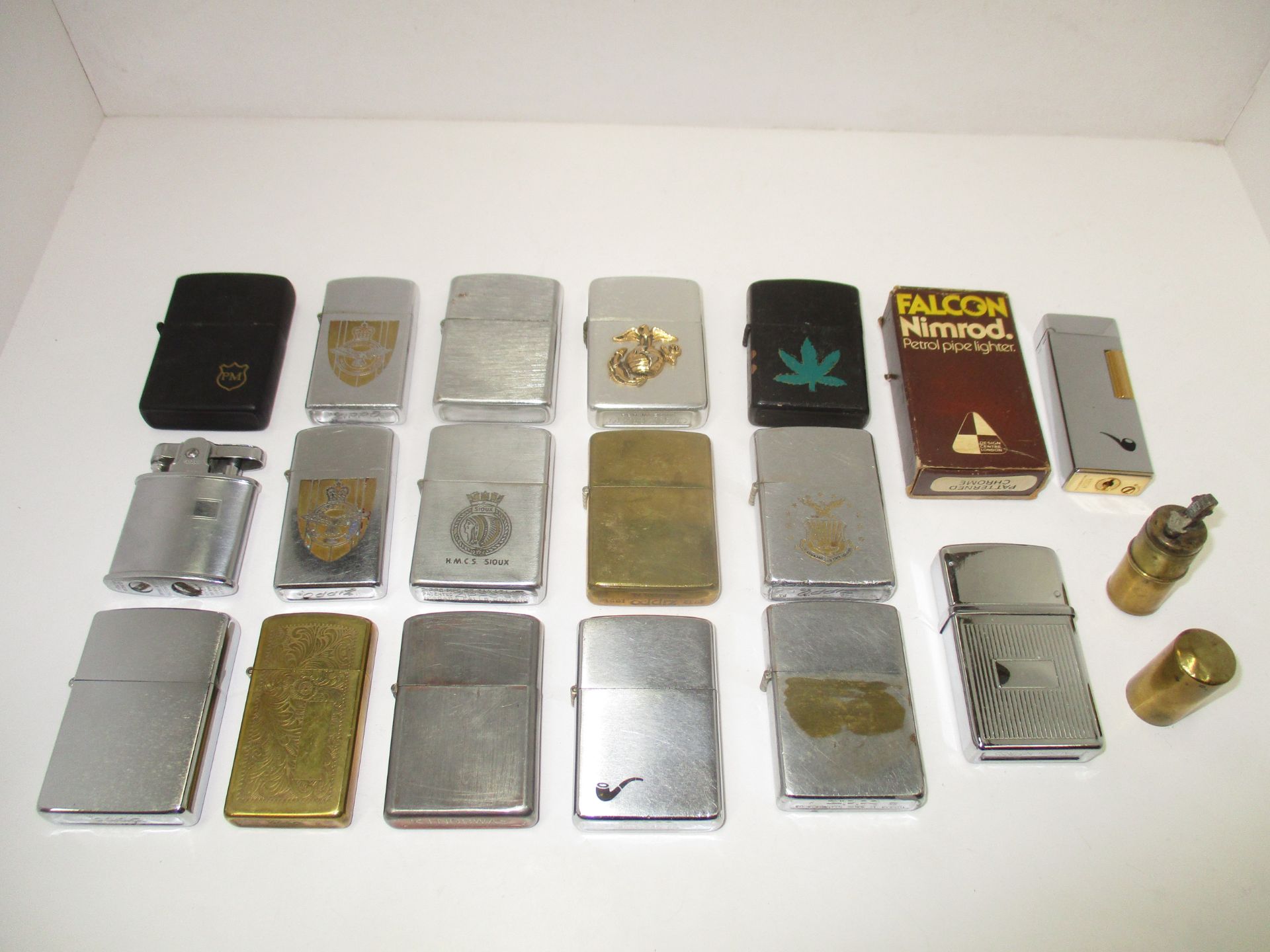 Contents to box - 18 x assorted cigarette lighters by Zippo, Falcon Nimrod, Crest Craft,