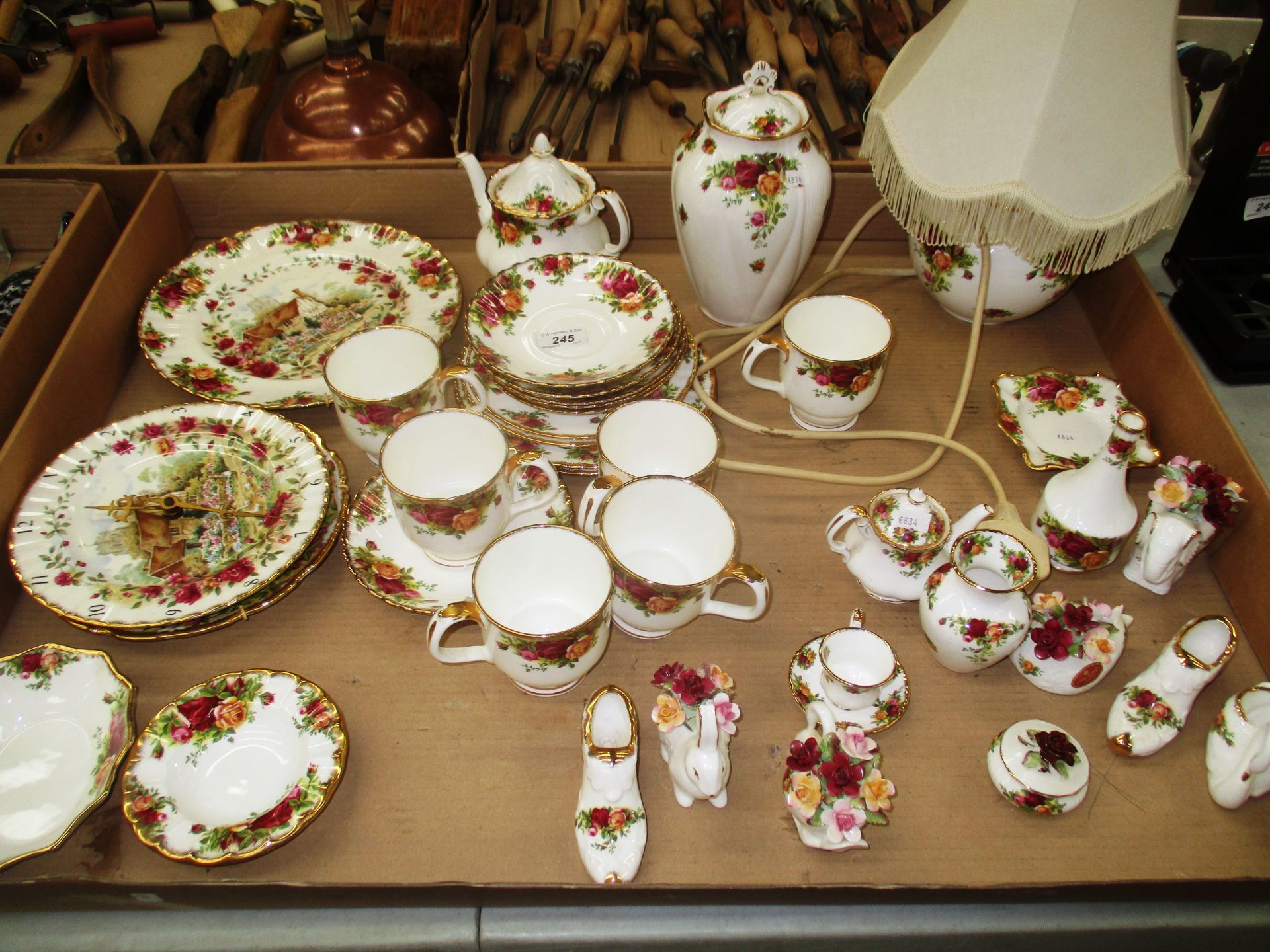 A collection of Royal Albert 'Old Country Roses' ware including table lamp, tea pot, vase,