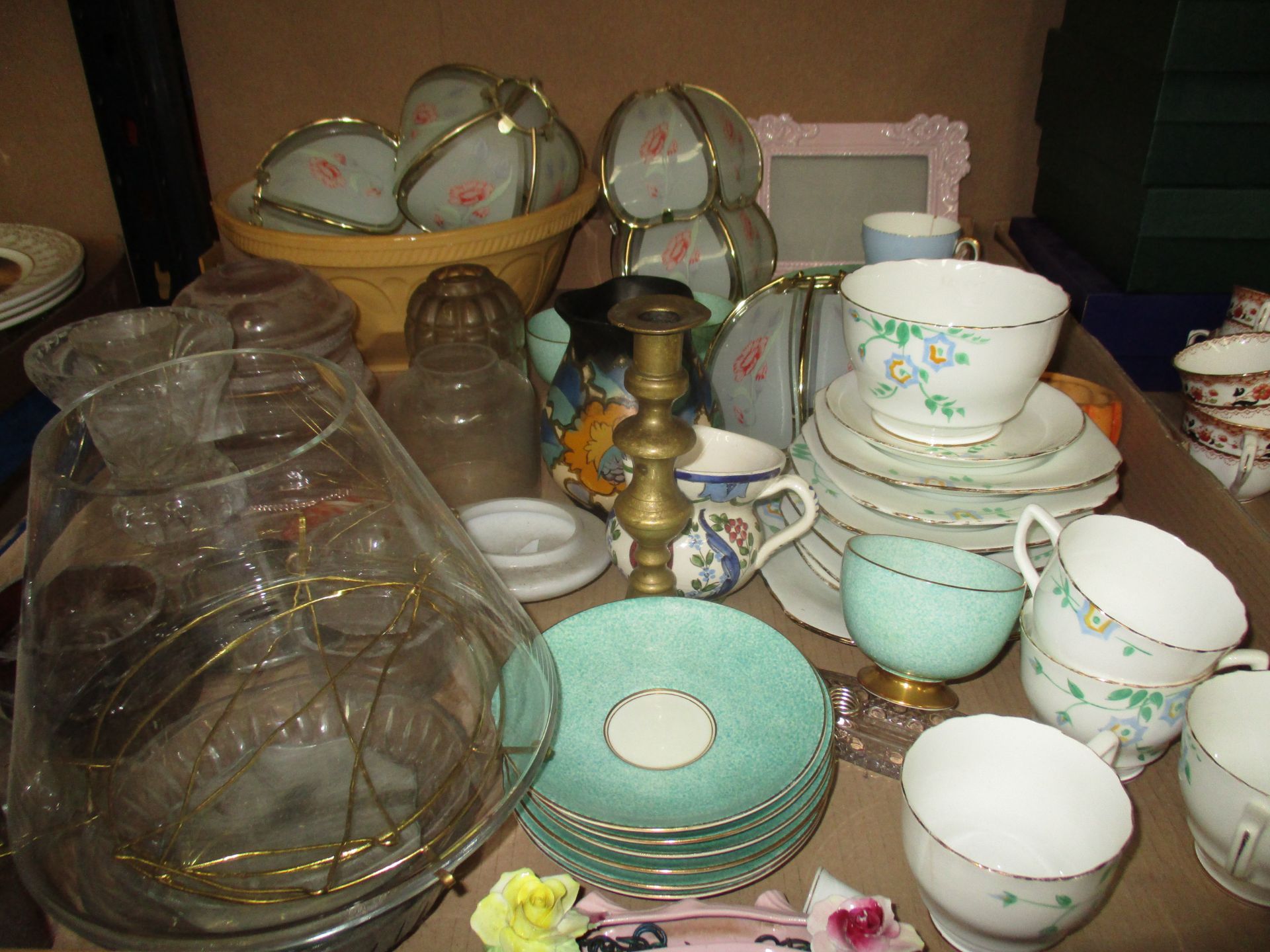 Contents to tray - a part floral patterned Delphine tea service, quantity of assorted glass shades,