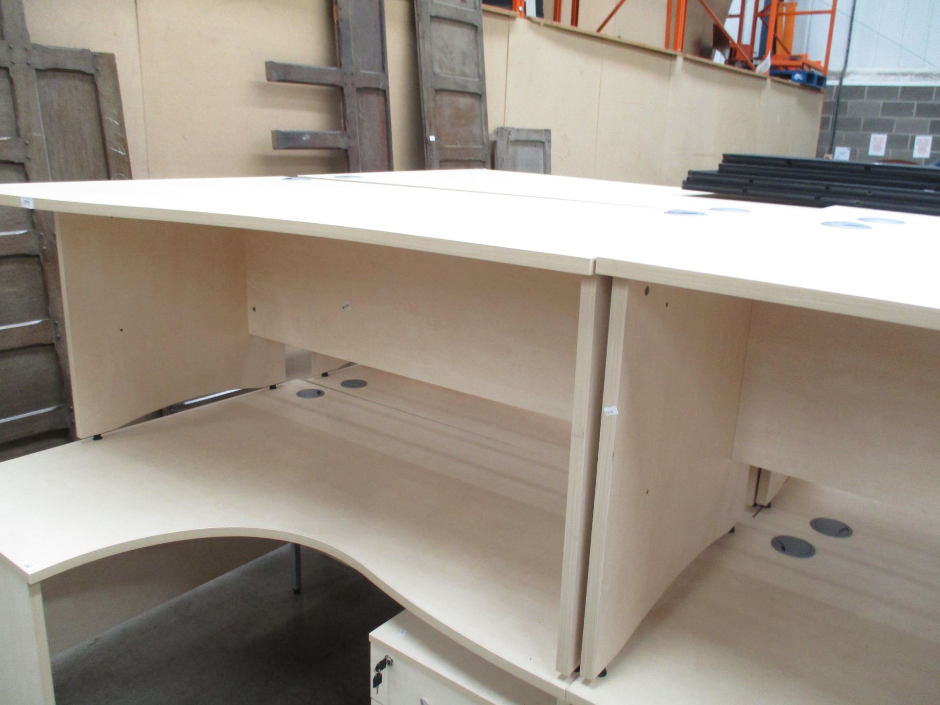 A maple finish curved front workstation 100 x 160cm (left hand return) c/w a matching three drawer
