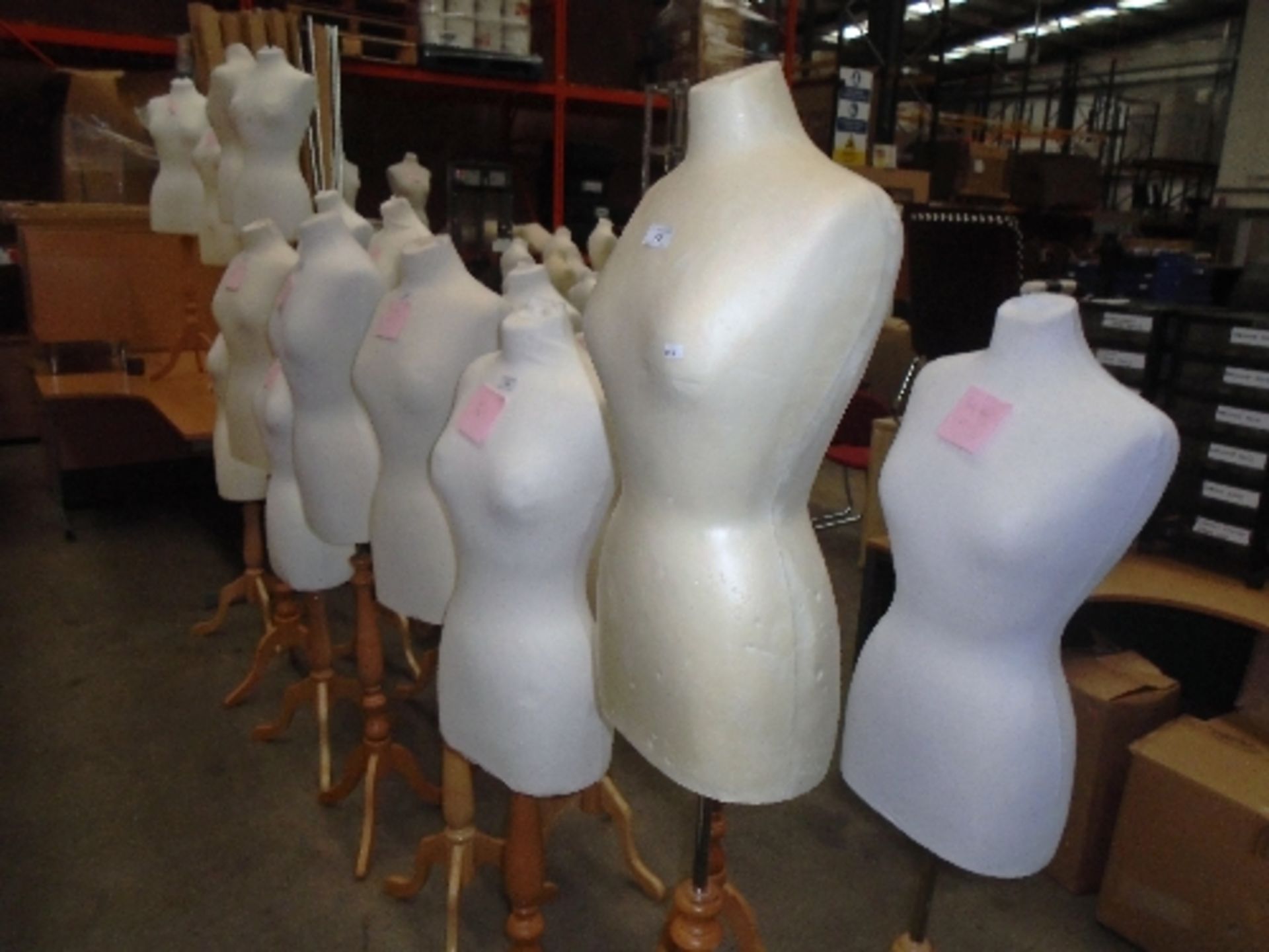 2 x female torso mannequins on light wooden bases