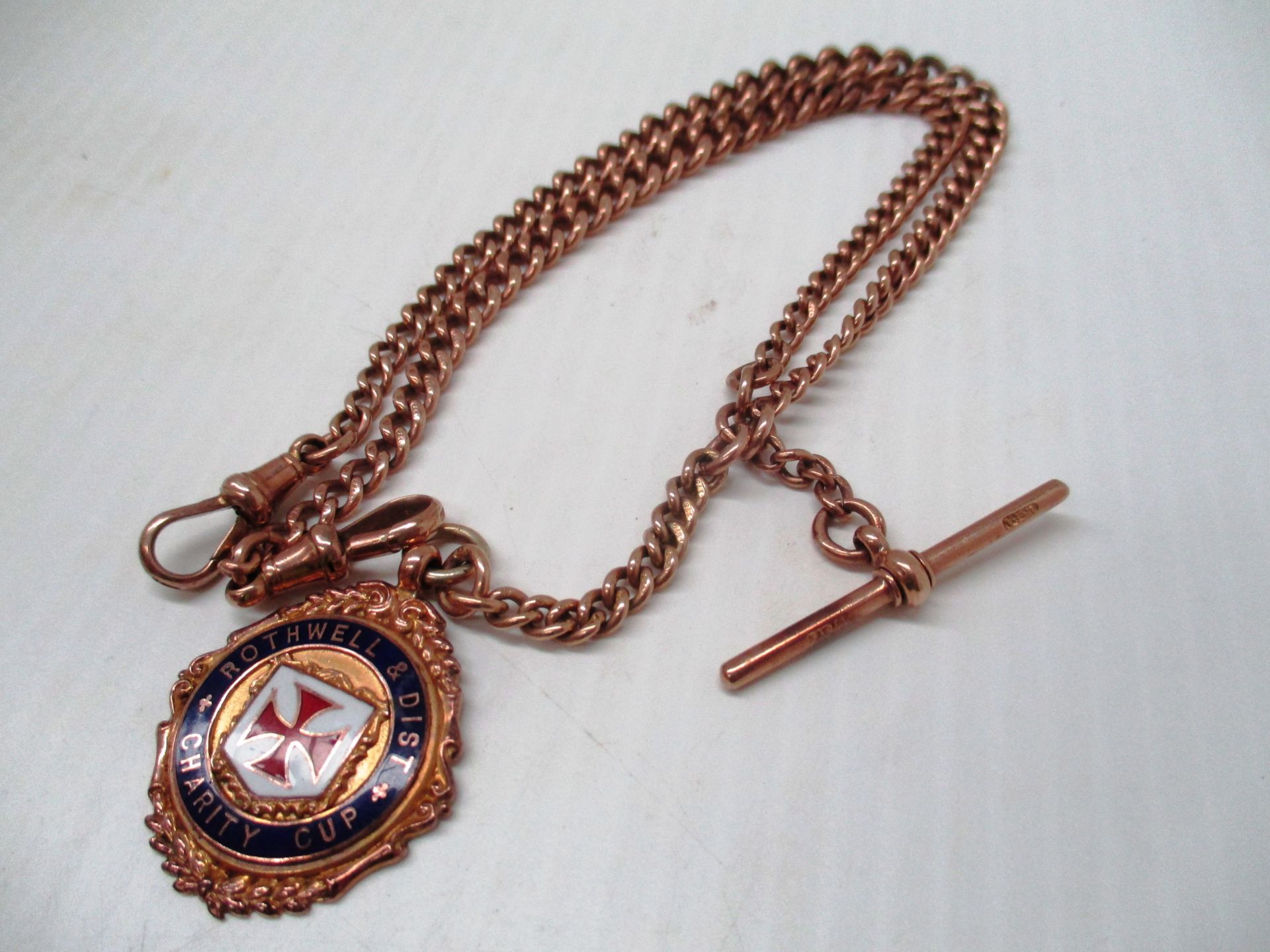 9ct gold fob/pocket watch graduated double Albert chain with Rothwell and Dist Charity Cup pendant