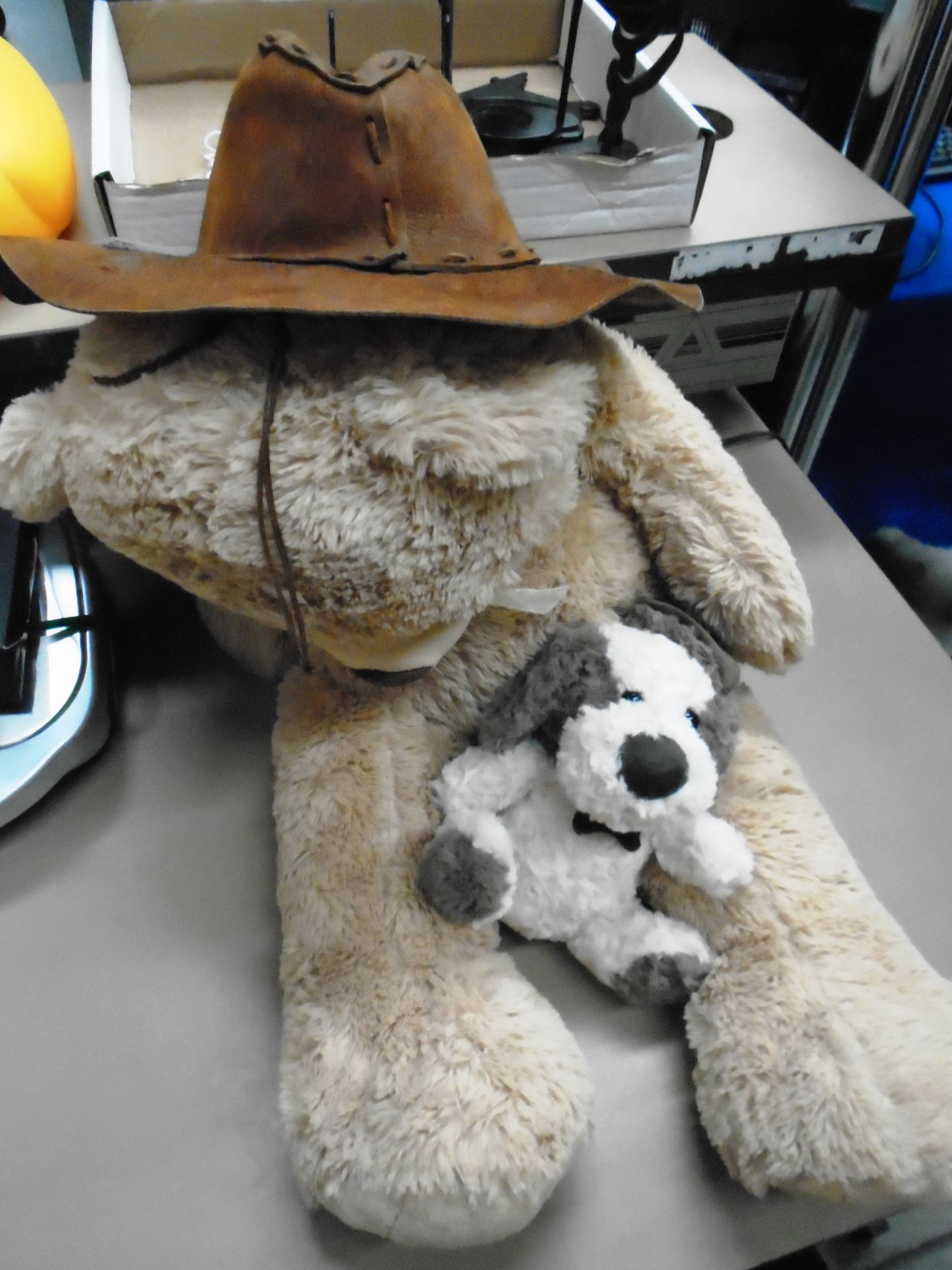 A large soft toy bear and a small soft toy dog together with a brown leather bush tuckers hat